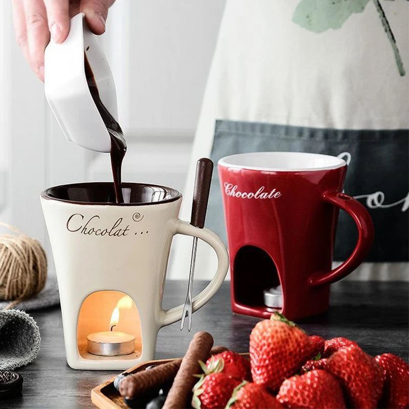 130Ml Chocolate Fondue Cup European Candle Cup Ceramic Mug Heating Food Cheese Creative Coffee Mug with Fork Christmas Party