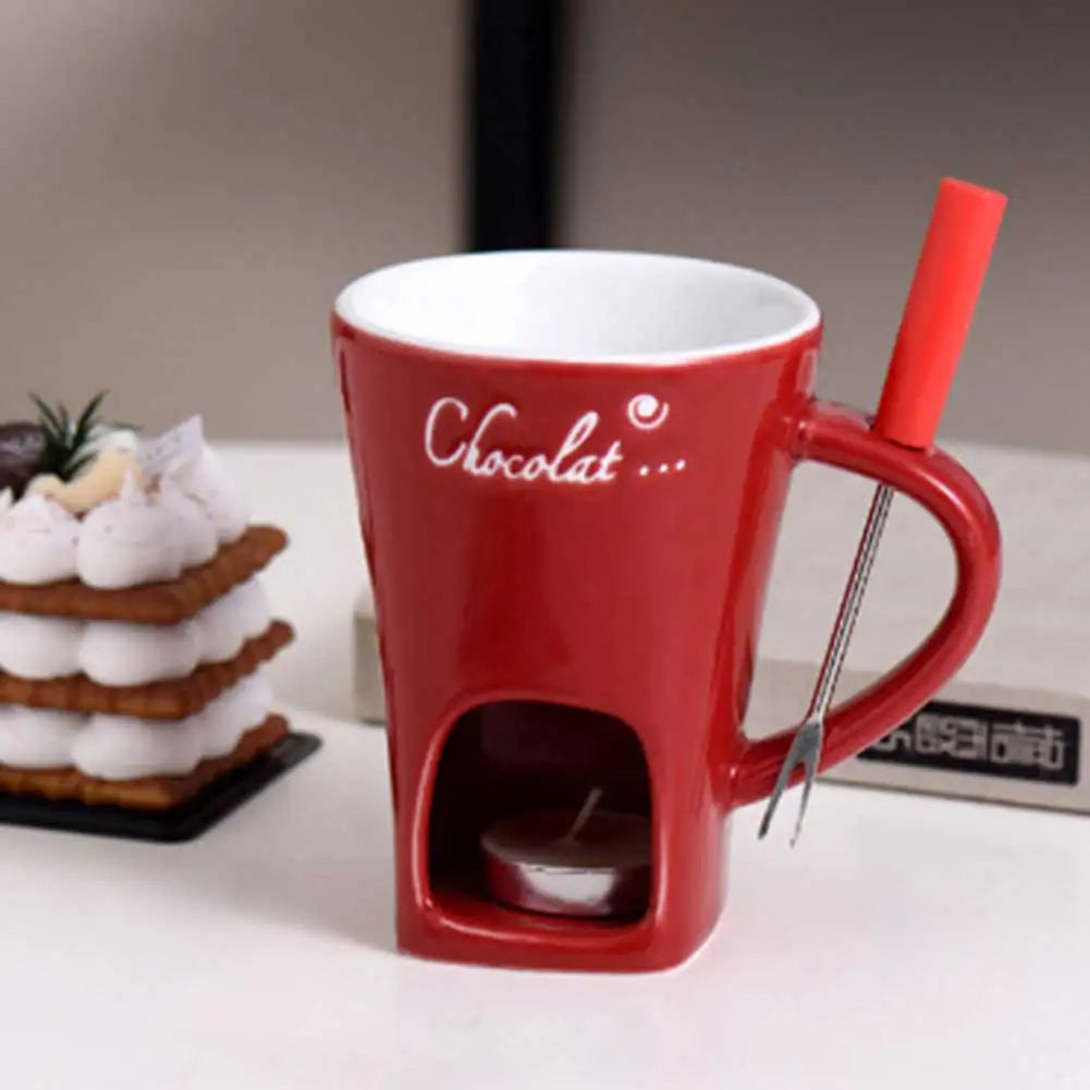 130Ml Chocolate Fondue Cup European Candle Cup Ceramic Mug Heating Food Cheese Creative Coffee Mug with Fork Christmas Party